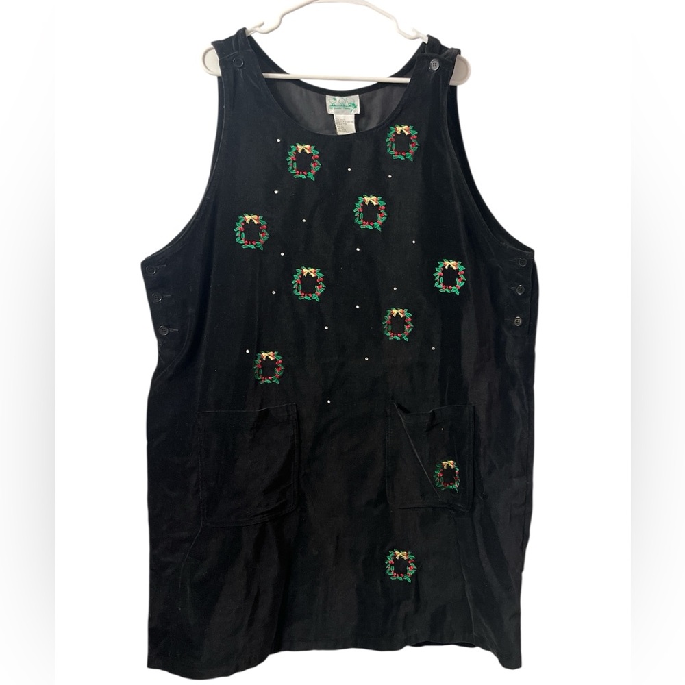 Quacker Factory Black Velvet Jumper Dress with Festive Wreath Embroidery Size 2X
